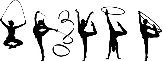 Rhythmic gymnastics athlete silhouettes performing with ribbon, hoop and rope, flexible sport poses isolated on white background, artistic fitness movement © Tohidul