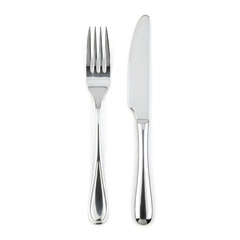 A silver fork and knife on a white background