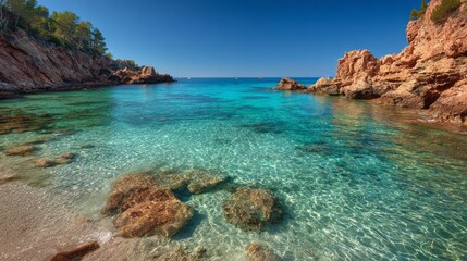 Obraz premium Panoramic view of turquoise waters and golden sands at patja des canar beach in ibiza, spain, capturing serene coastline, sunlit shoreline, and tranquil mediterranean atmosphere
