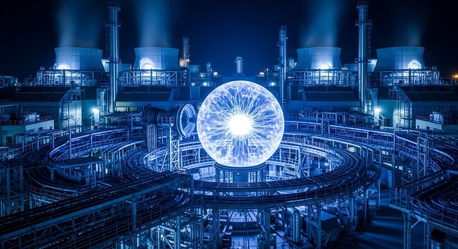 Large scale nuclear fusion facility with glowing blue plasma core for clean energy and advanced industrial technology