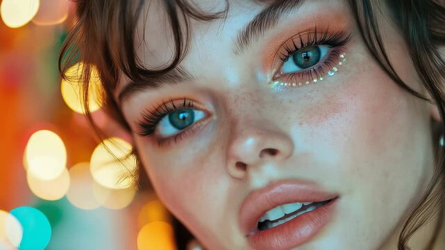 Beauty blogger creates engaging content while showcasing vibrant makeup techniques in a cozy indoor setting during the evening