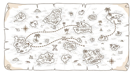 Vintage treasure map with mysterious islands and hidden riches
