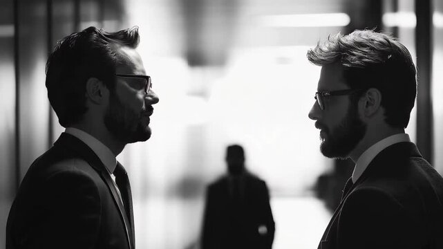 Two colleagues discuss the impact of company layoffs in a stylish office hallway with dim lighting and modern design elements, reflecting on their uncertain future in the workplace