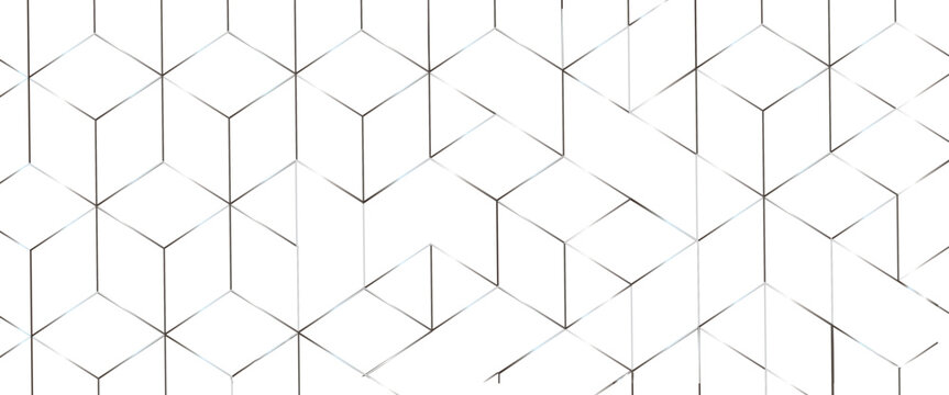 Geometric white abstract pattern with interconnected cubes and lines on a white background