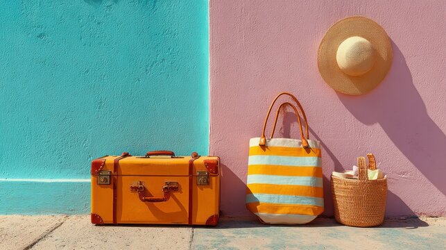 Packed suitcase and casual beach bag set against vibrant colorful wall, ready for summer travel, vacation essentials for seaside getaway, lifestyle and travel preparation concept