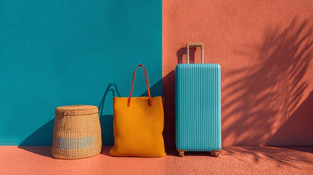 Packed suitcase and casual beach bag set against vibrant colorful wall, ready for summer travel, vacation essentials for seaside getaway, lifestyle and travel preparation concept