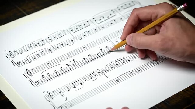 Hand edits sheet music on white paper with a yellow pencil on a dark wood table
