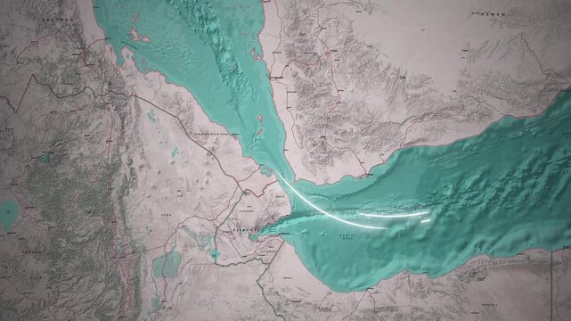 Digital map animation showing movement across the Bab el Mandeb Strait