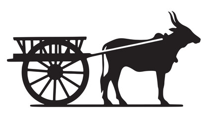 Fototapeta premium Ox-drawn cart silhouette with a single wooden wheel and a load platform for rural transport featuring traditional transportation, black and white,