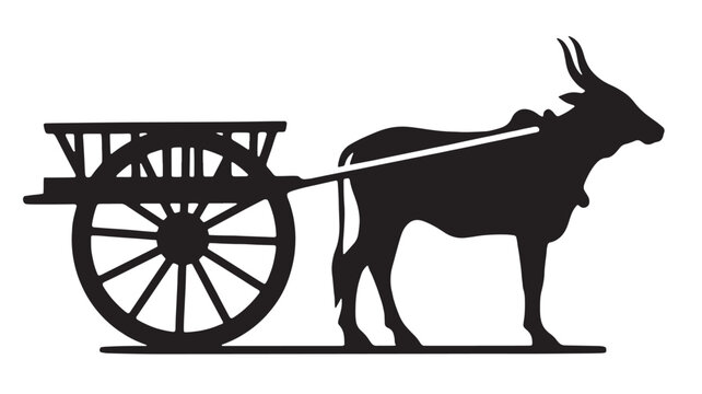 Ox-drawn cart silhouette with a single wooden wheel and a load platform for rural transport featuring traditional transportation, black and white,