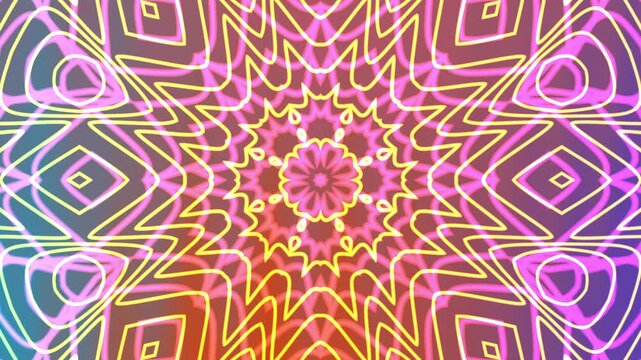 Abstract kaleidoscope overlay design with neon like geometric patterns ideal for modern backgrounds, digital art projects, psychedelic illustrations, and vibrant print materials.