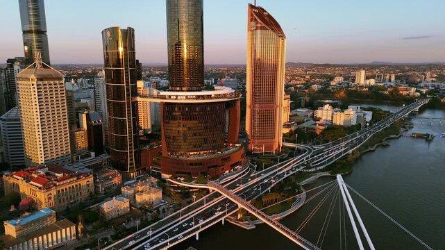 Brisbane CBD, Queensland, Australia &ndash; 4K aerial sunset drone compilation footage of city skyline, skyscrapers, Brisbane River, Wheel of Brisbane, city traffic, South Bank cultural precinct