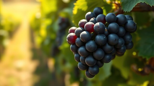 generality. A single cluster of Cabernet Sauvignon grapes glistening with dew in a vineyard under soft sunlight. gardening catalogs, home-decor guides, designed for home decor and floral branding.