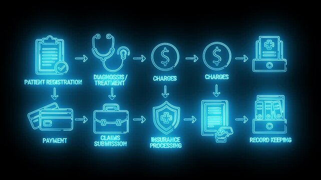 Neon-lit infographic illustrating a medical billing process with icons and arrows on a dark background with a futuristic and informative mood.