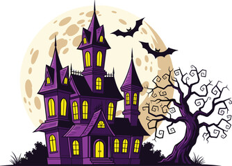 Haunted House Halloween Vector Illustration with Full Moon, Bats and Spooky Tree Scary Night Scene