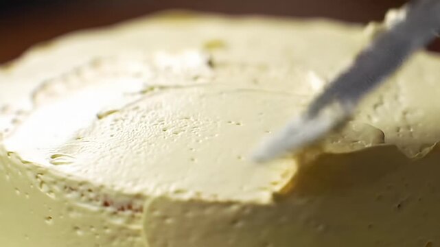 Applying icing to a round cake with a metal spatula, up close and shallow depth of field