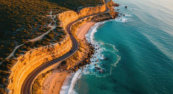 Aerial view of coastal road along dramatic cliffs and turquoise ocean