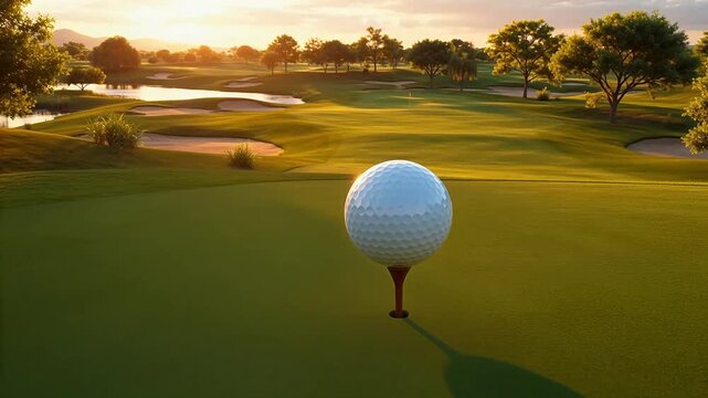 Golf ball on tee at sunset