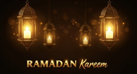 Ramadan kareem greeting card with glowing lanterns on dark background
