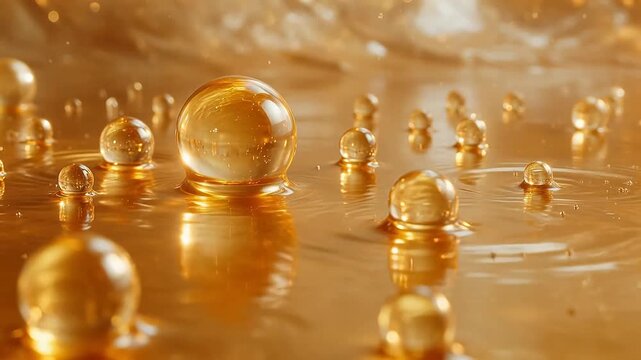 Golden liquid bubbles on reflective surface