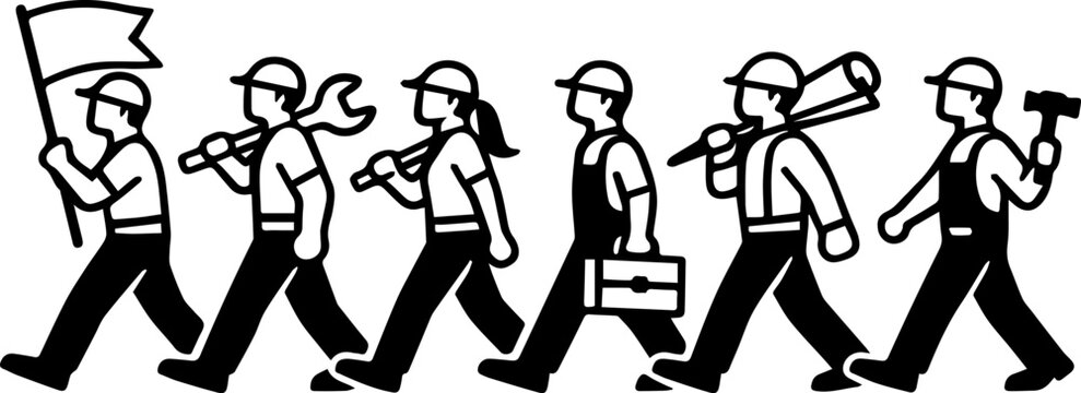Group of industrial workers marching with tools and flag line art vector, diverse laborers walking in row for labor day celebration, minimalist construction team silhouette illustration