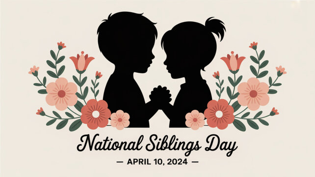 Silhouette of siblings holding hands surrounded by flowers on national siblings day