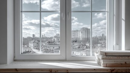 Obraz premium Window replacement concept showing old and new frame comparison.