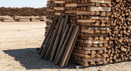 Stacked firewood logs and timber planks in an outdoor lumber yard