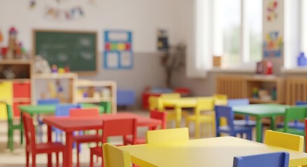 Colorful kindergarten classroom interior with small tables and chairs for early childhood education and creative play