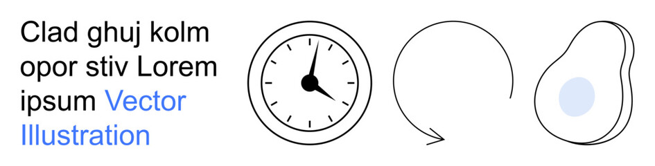 Time management, workflow process, design simplicity, movement dynamics, abstract thinking, and modern aesthetics. Clock, arrow abstract blob on white background. Time management and process