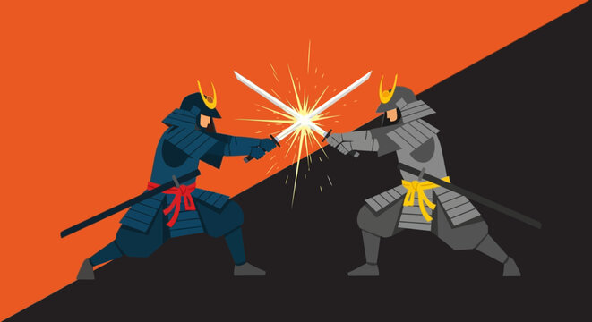 Samurai Warriors Clash Swords in Dynamic Battle Illustration