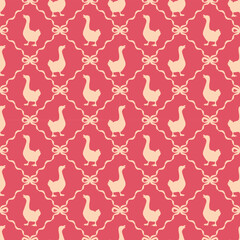 Bright seamless goose and bow pattern in bold spring colors. Decorative Easter background with elegant lattice repeat design. © Vigurskaia Sofiya