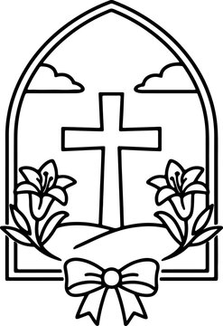 Christian cross line art with lily flowers and clouds in arched window frame, religious easter vector illustration with ribbon bow, minimalist spiritual decorative border