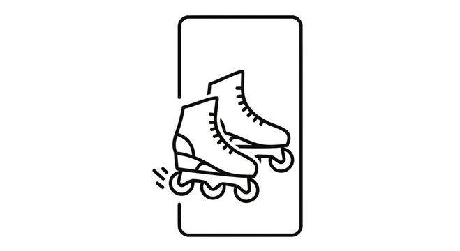 Sleek line art illustration of classic roller skates within a modern rectangular frame icon graphic