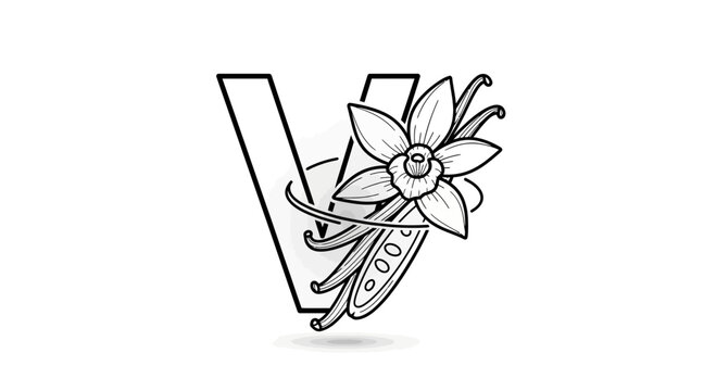 Artistic monochrome line drawing showing initial V intertwined with blooming vanilla flower and