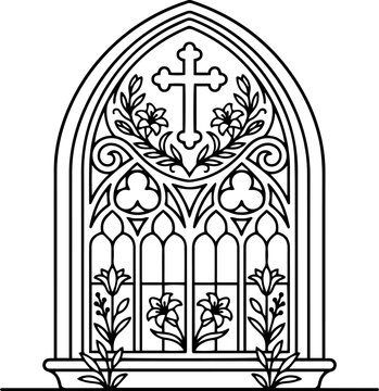 Gothic church window line art with christian cross and lily flowers, arched cathedral stained glass frame vector, religious easter decoration for coloring book or invitation