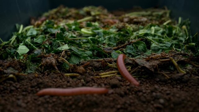 Compost bin with decomposing vegetable scraps closeup showing earthworms processing organic waste into nutrient-rich soil for sustainable gardening and eco-friendly waste recycling