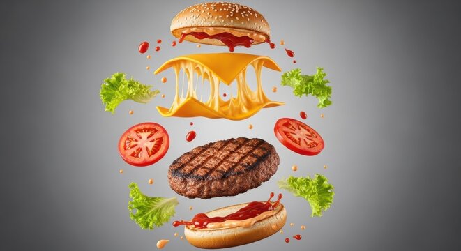 Exploded view of a delicious cheeseburger with flying ingredients