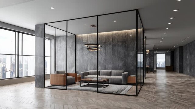 Modern office interior design with glass partitions and stylish furniture in bright urban setting
