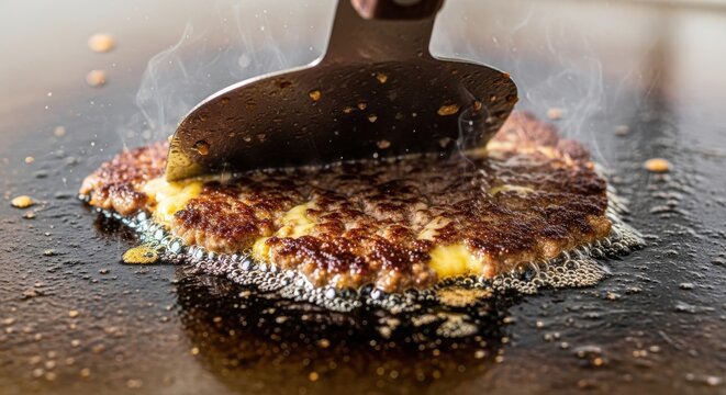 Smash burger patty cooking on a hot flat top griddle with spatula