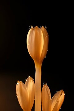 Stunning time lapse bean sprouts growth macro showing pale seedlings rising and unfurling leaves covered in water droplets against a dark background.