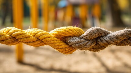 Fototapeta premium Close-Up View of Twisted Yellow and Brown Rope in Outdoor Setting