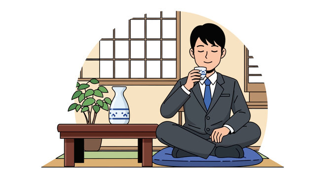 Japanese businessman enjoying sake in traditional tatami room, relaxation, cultural experience