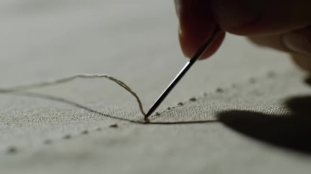 Close-up of needle and thread embroidering a beige fabric with fine, delicate stitches