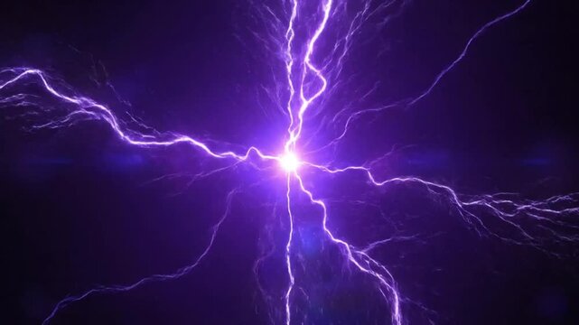 Powerful purple lightning bolts radiating outwards from a bright central point in a dark sky