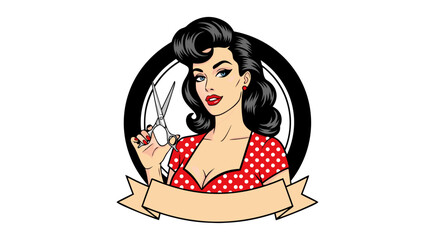 Retro Pin-up Girl with Scissors in a Circle - Vector Illustration for Hair Salon Branding and Logo Design