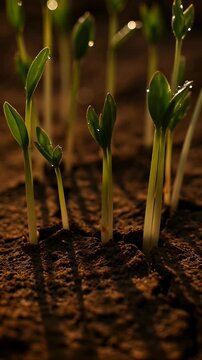 Realistic time-lapse beans sprouting soil closeup, featuring green seedlings emerging from cracked earth under warm sunlight.
