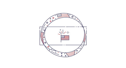 Fototapeta premium Minimalist illustration of patriotic American flag and fireworks within a star-spangled circular