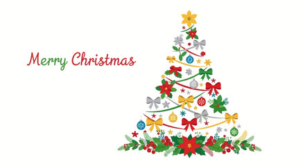 Decorative Christmas tree vector illustration featuring colorful ornaments stars garlands ribbons and festive holiday decorations arranged in a stylized triangular tree composition designed for greeti