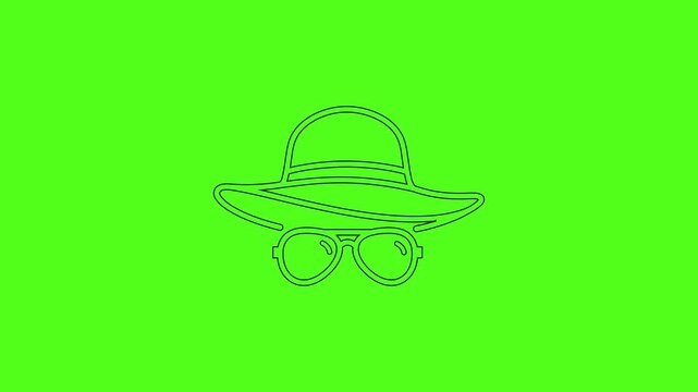 Summer Sun Hat and Sunglasses Line Art Vector Icon Animation on Green Screen Background